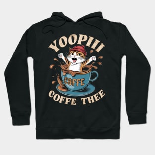 A hilarious and vibrant vintage-inspired illustration of an adorable cat wearing a red beanie, sitting inside a coffee cup that's spilling coffee. (2) Hoodie